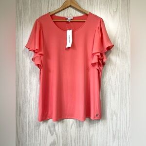 Crew Neckline Short Chiffon Flutter Sleeve Blouse CORAL Size 1X NWT